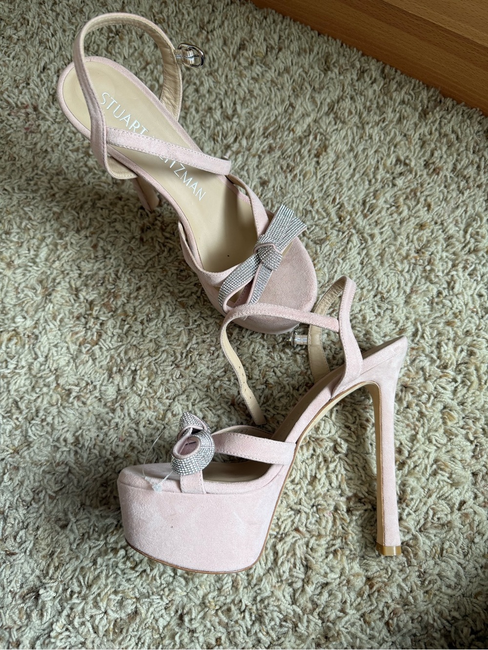 Stuart Weitzman Mega Bow Platform Heels Sandals crystal Pink suede Size 7 - Picture 16 of 16